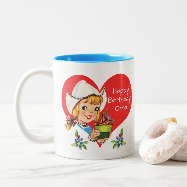 Happy Birthday Oma Grandma Dutch Girl & Tulips Two-Tone Coffee Mug (With Donut)