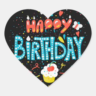 Happy Birthday on Black Heart Sticker
