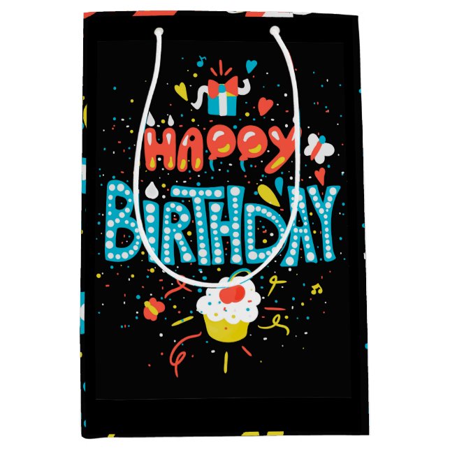 Happy Birthday on Black Medium Gift Bag (Front)