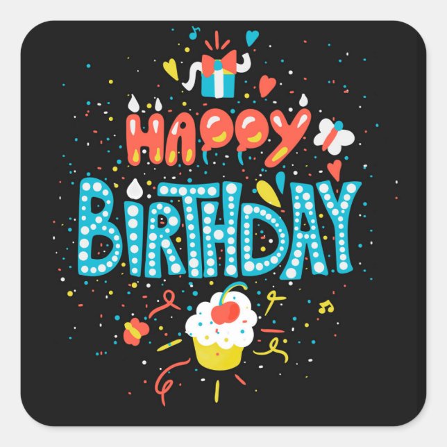 Happy Birthday on Black Square Sticker (Front)