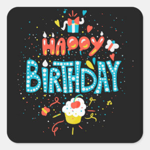 Happy Birthday on Black Square Sticker