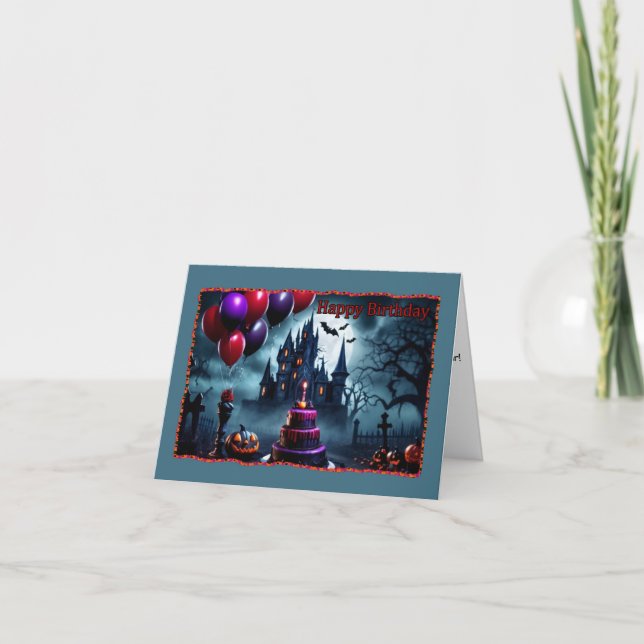 Happy Birthday on Halloween Cake and Balloons with Card (Front)