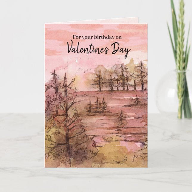 Happy Birthday on Valentine's Day Sunset Mountains Card (Front)