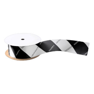 Happy Birthday Op Art Black White Diagonal Striped Satin Ribbon