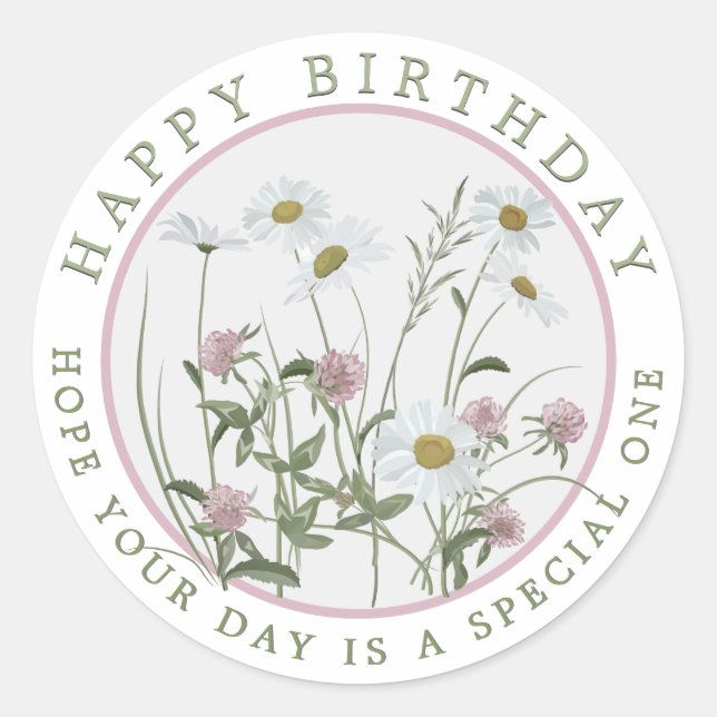 Happy Birthday or Any Occasion Pretty Pink Floral Classic Round Sticker (Front)