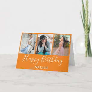 Happy Birthday Orange and White 3 Photo Collage Card