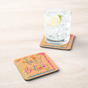 Happy Birthday Orange  Cork Coaster Set