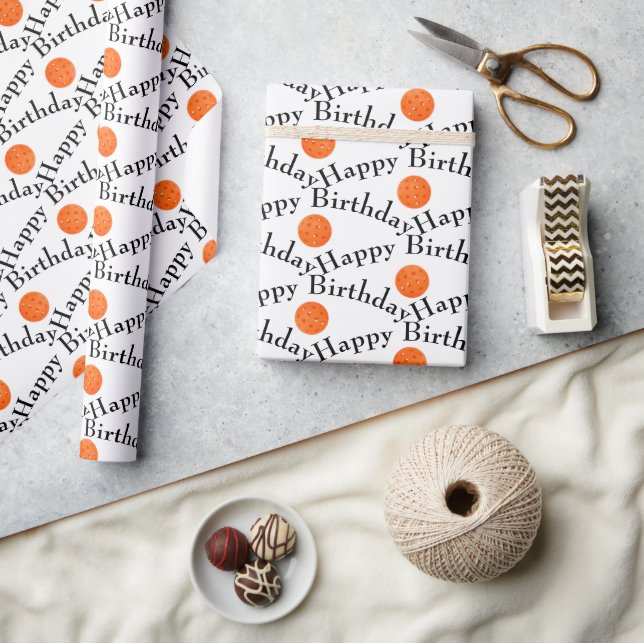 Happy Birthday Orange Pickleballs On White Wrapping Paper (Crafts)