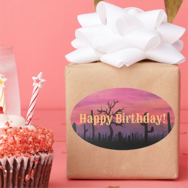 Happy Birthday Original Artwork (Catctus) Oval Sticker (Party)