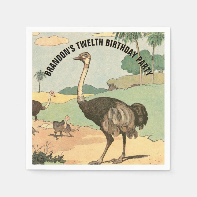 Happy Birthday Ostrich Illustrated Party Napkin (Front)