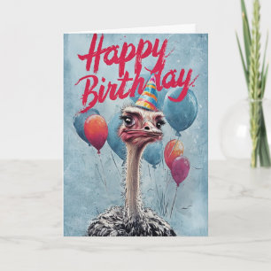 Happy Birthday Ostrich with Party Hat Balloons Card