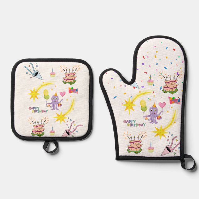 Happy Birthday Oven Mitt and Pot Holder Octopus Oven Mitt & Pot Holder Set (Front)