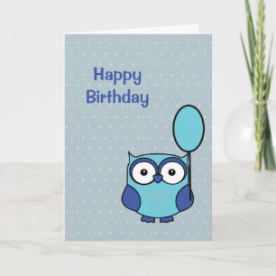 Happy Birthday Owl Blue and Aqua Card Polka Dots