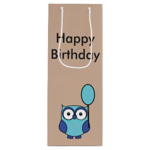 Happy Birthday Owl Blue and Aqua Wine Gift Bag