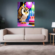 Happy Birthday, owl, cake| AI Art Poster