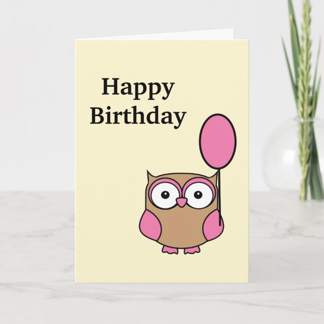 Happy Birthday Owl Pink and Tan Birthday Card (Front)