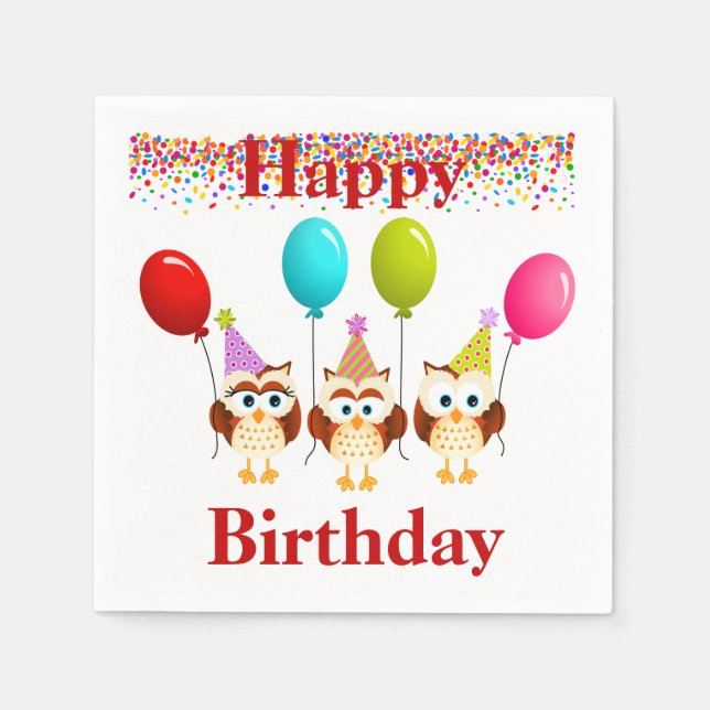 Happy Birthday Owls and Balloons Napkin (Front)