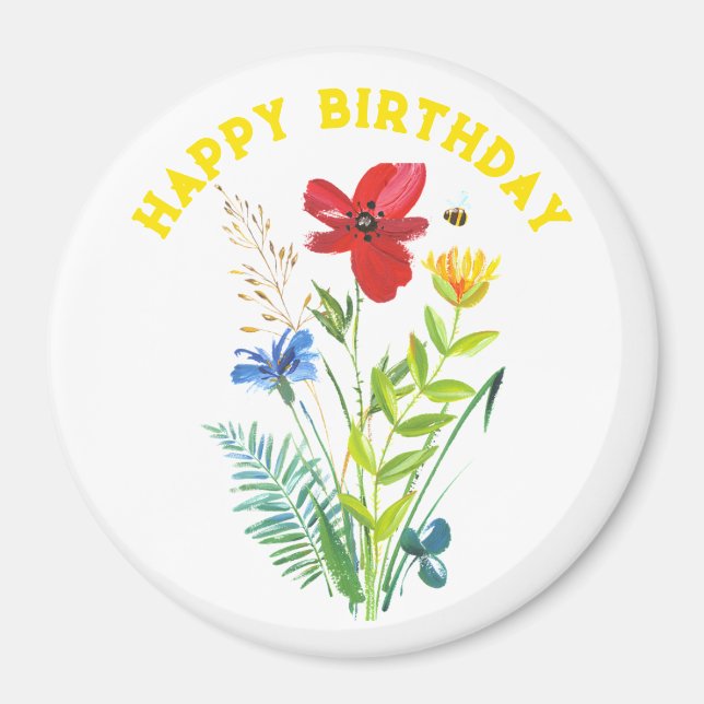 Happy Birthday Painted Floral Country Gift Magnet (Front)