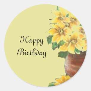 Happy birthday Painting yellow flowers in clay pot Classic Round Sticker