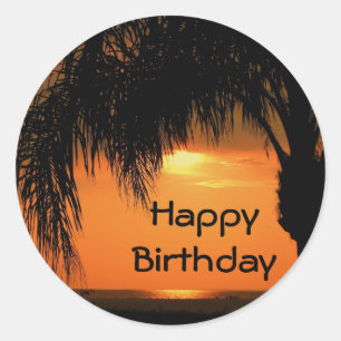 Happy Birthday, palm tree sunset Classic Round Sticker