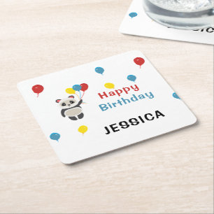 Happy birthday Panda bear white Square Paper Coaster