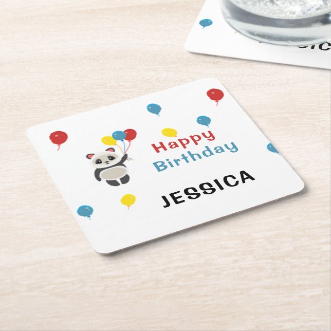 Happy birthday Panda bear white Square Paper Coaster (Angled)