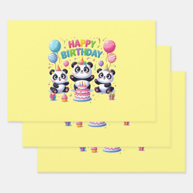 Happy Birthday Pandas Wrapping Paper Sheet (Set)