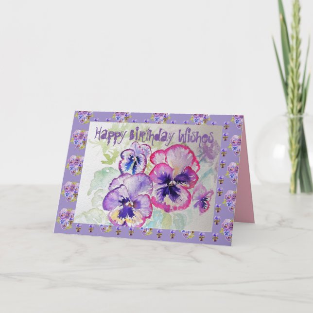 Happy Birthday Pansies Watercolor Greetings Card (Front)