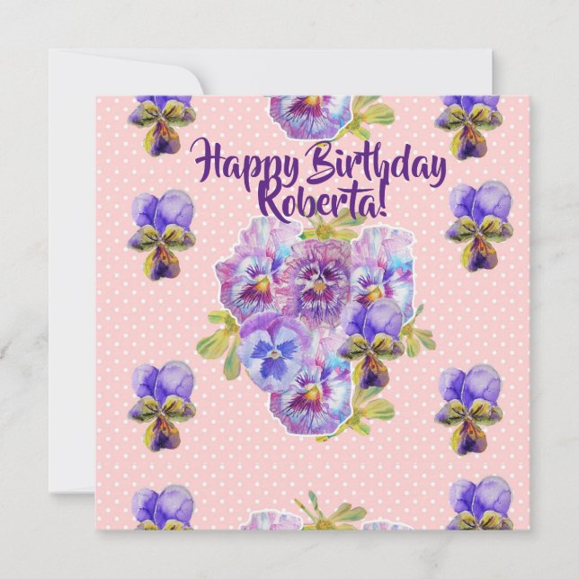 Happy Birthday Pansy floral Womans Name Card (Front)