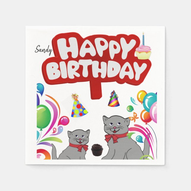 Happy Birthday Paper Napkins, Cats Napkin (Front)