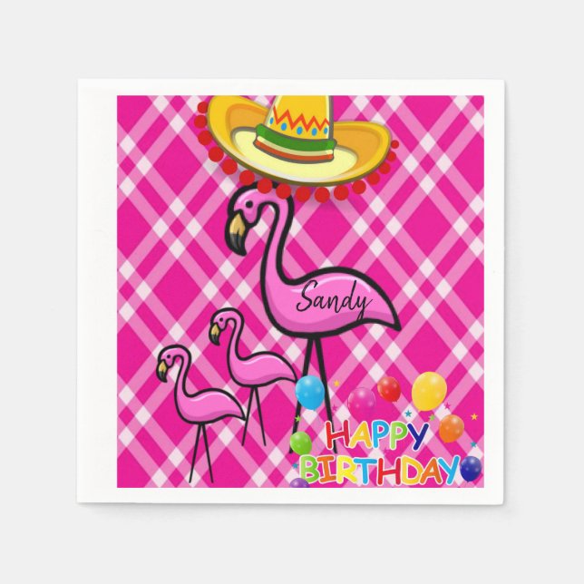 Happy Birthday Paper Napkins, Flamingo Napkin (Front)