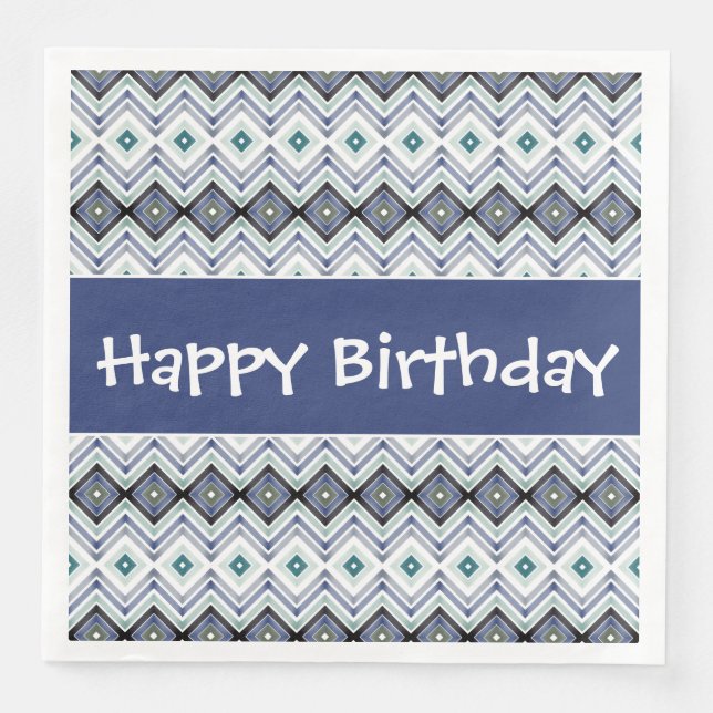 Happy Birthday Paper Napkins in Blue and Teal (Front)