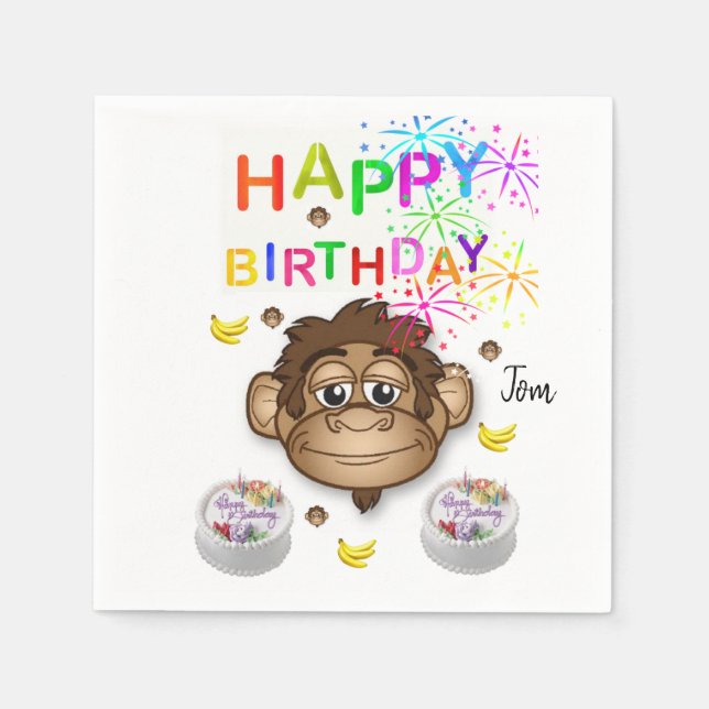 Happy Birthday Paper Napkins, Monkey Napkin (Front)