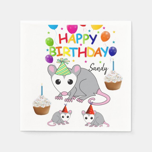 Happy Birthday Paper Napkins, Possum Napkin (Front)
