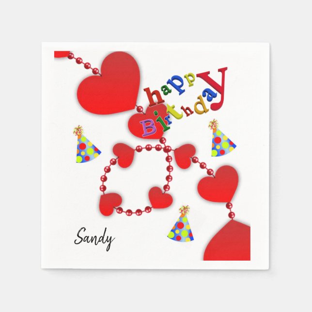 Happy Birthday Paper Napkins, Red Hearts Napkin (Front)
