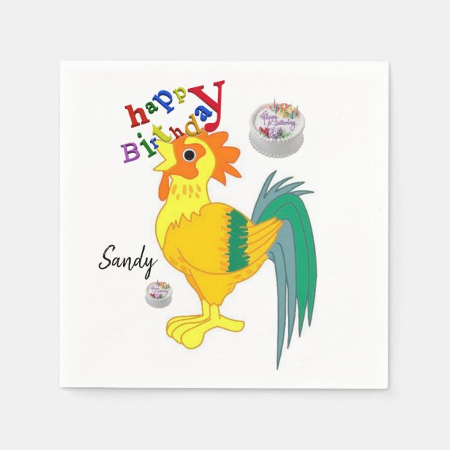 Happy Birthday Paper Napkins, Rooster Napkin (Front)