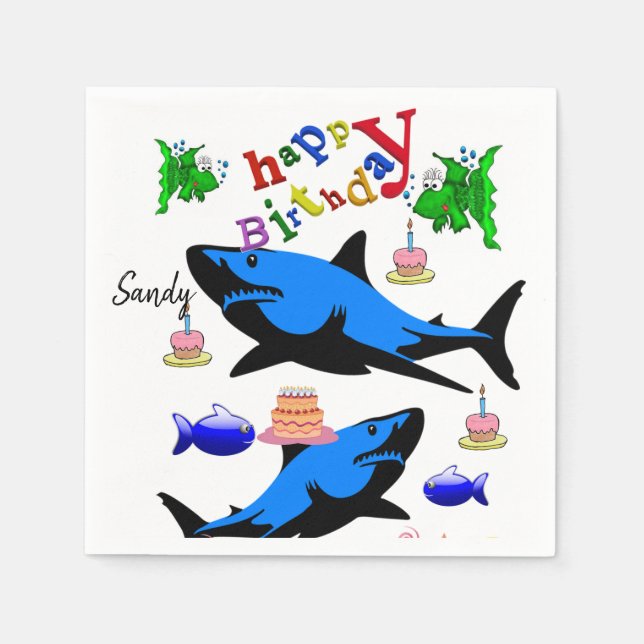 Happy Birthday Paper Napkins, Shark Napkin (Front)