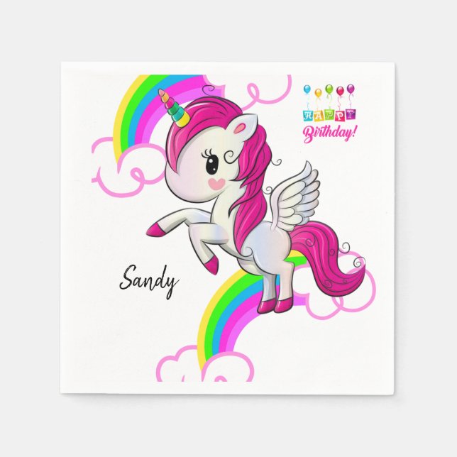 Happy Birthday Paper Napkins, Unicorn Napkin (Front)