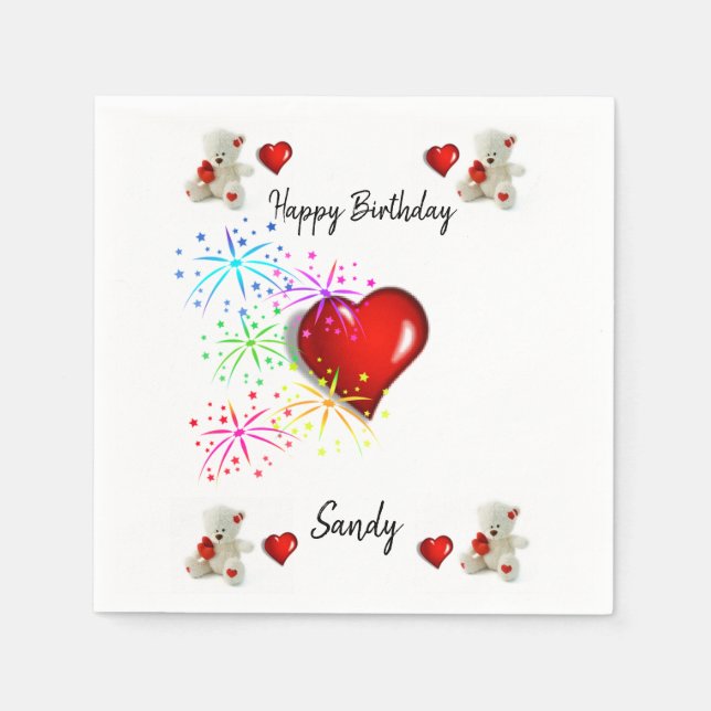 Happy Birthday Paper Napkins, White Teddy Bear Napkin (Front)