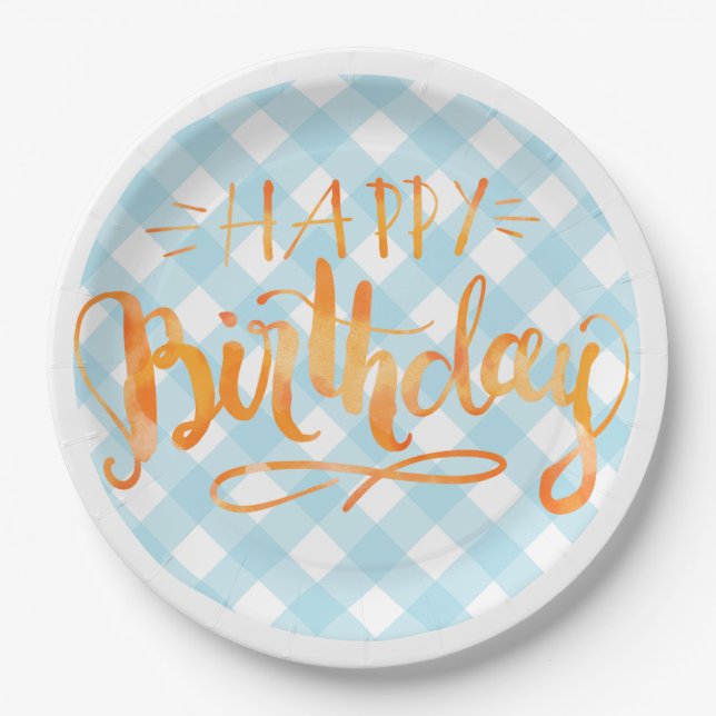 Happy Birthday Paper Plate Blue White Gingham (Front)