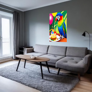 Happy Birthday, parrot, cake balloon AI Art Poster