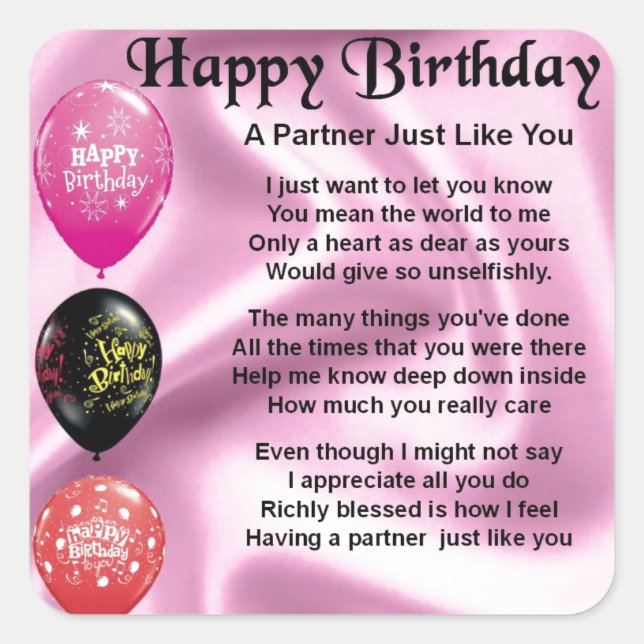 Happy  Birthday Partner Poem Square Sticker (Front)