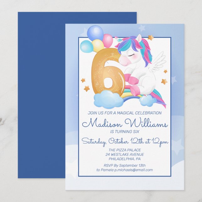 Happy Birthday Party | 6th Birthday Unicorn Invitation (Front/Back)