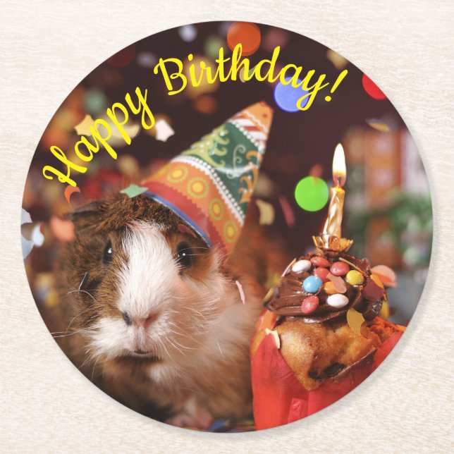 Happy Birthday - Party Animal Guinea Pig Round Paper Coaster (Front)