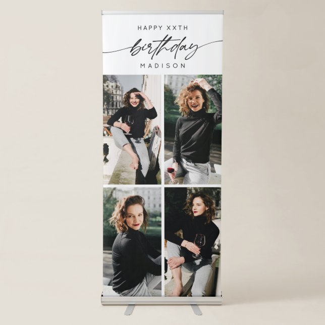 Happy Birthday Party Any Age Photo Collage Script Retractable Banner (Front)