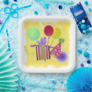 HAPPY BIRTHDAY PARTY BALLOONS HAT PRESENTS PAPER PLATE