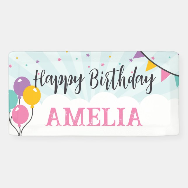 Happy Birthday Party Banner Sign with Balloons (Horizontal)