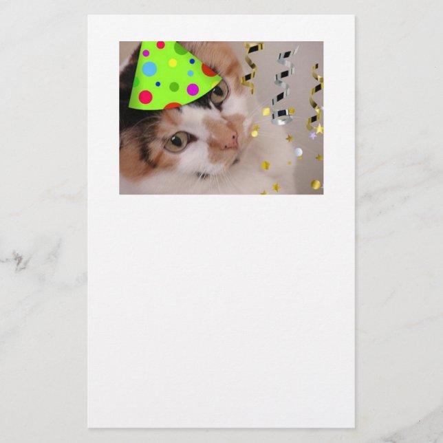 Happy Birthday Party Calico Cat Stationery (Front)