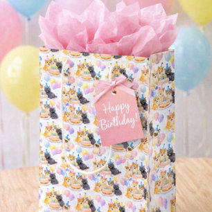 Happy Birthday Party Cat Pattern with Balloons  Medium Gift Bag