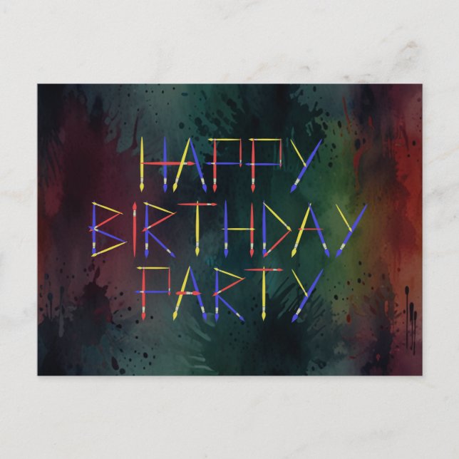 Happy Birthday Party Colourful Brush Invitation  Postcard (Front)